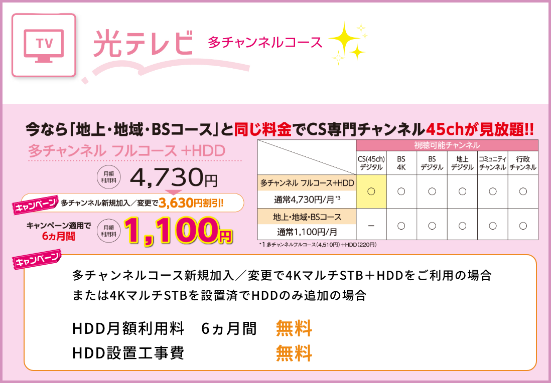 光テレビ　今なら「地上・地位・BSコース」と同じ料金でCS専門チャンネル45chが見放題！！