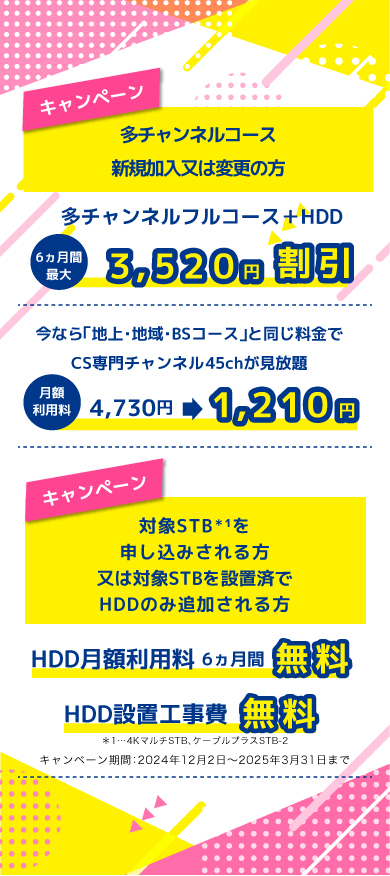 多チャンネルコース新規加入または変更の方 多チャンネルフルコース+HDD 6ヵ月間最大3,630円割引