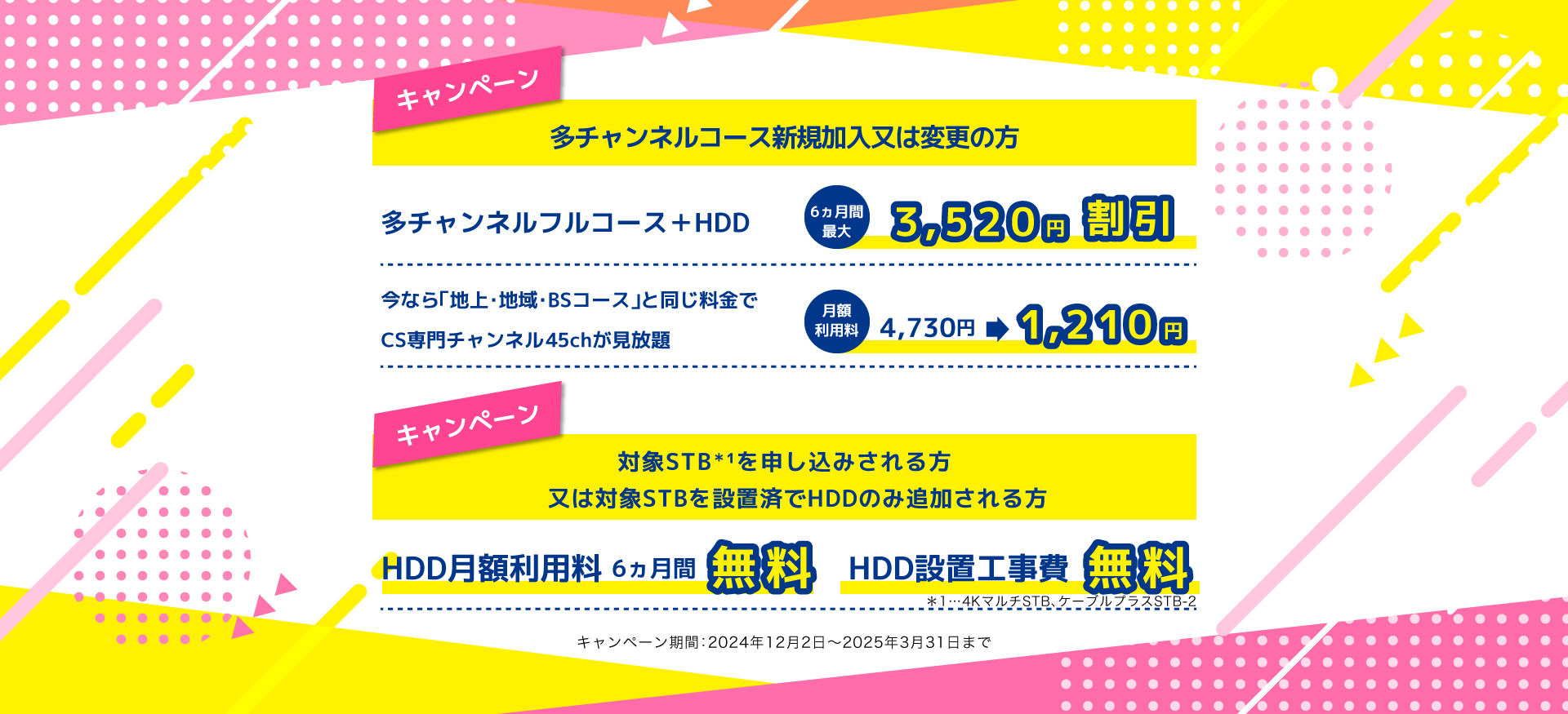 多チャンネルコース新規加入または変更の方 多チャンネルフルコース+HDD 6ヵ月間最大3,630円割引