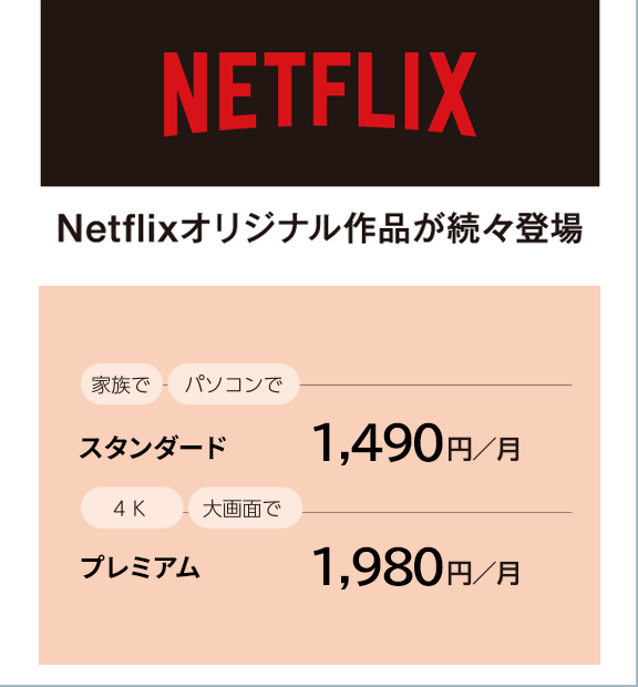 Netflixオリジナル作品が続々登場　家族でパソコンでスタンダード 1,490円/月　4K大画面でプレミアム　1,980円/月